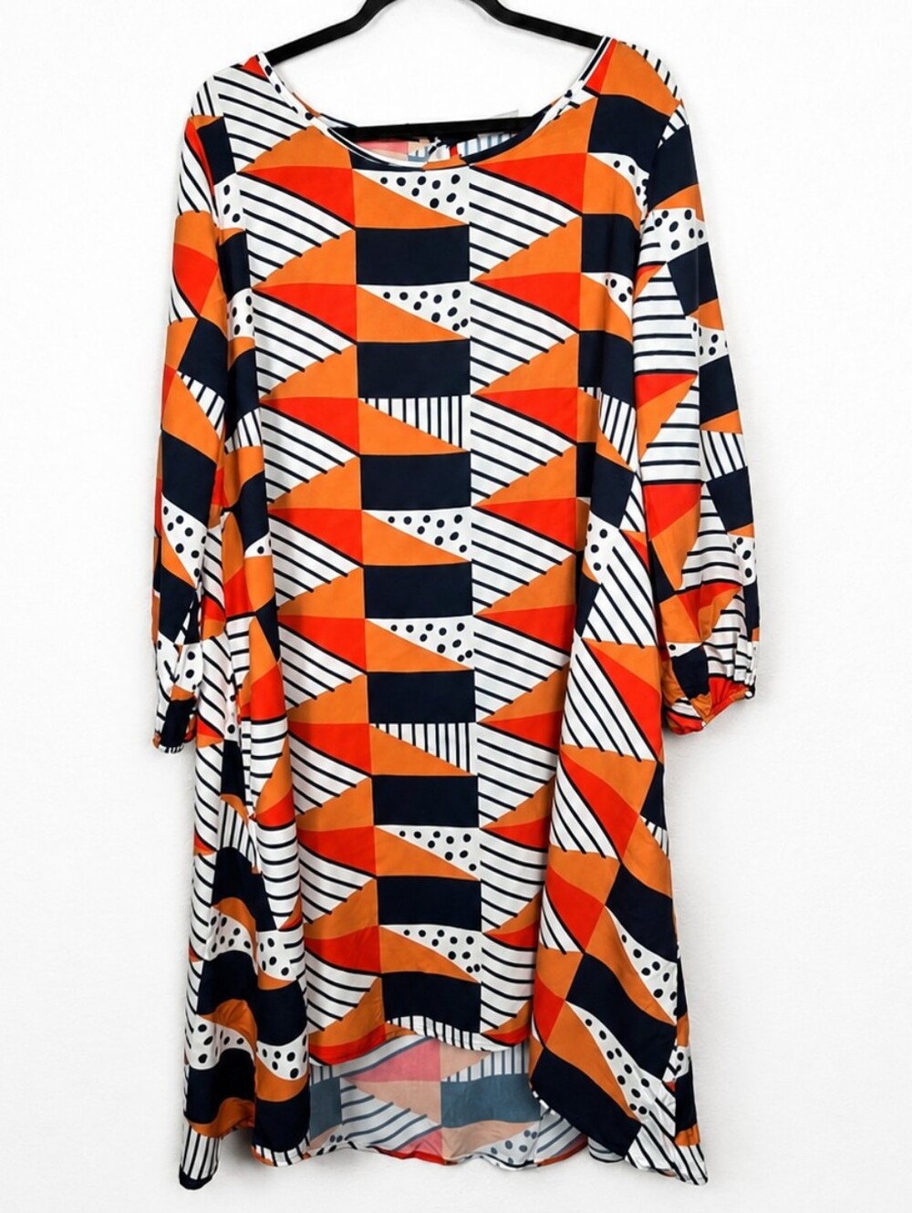The Odells Geometric Mod Tunic Dress XL Orange Navy Midi Retro Balloon Sleeve